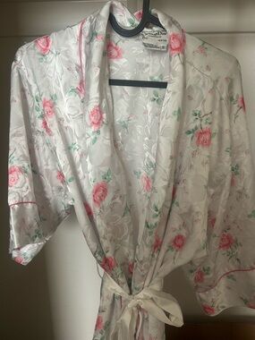 Dior Floral Satin Robe in White with Pink Roses